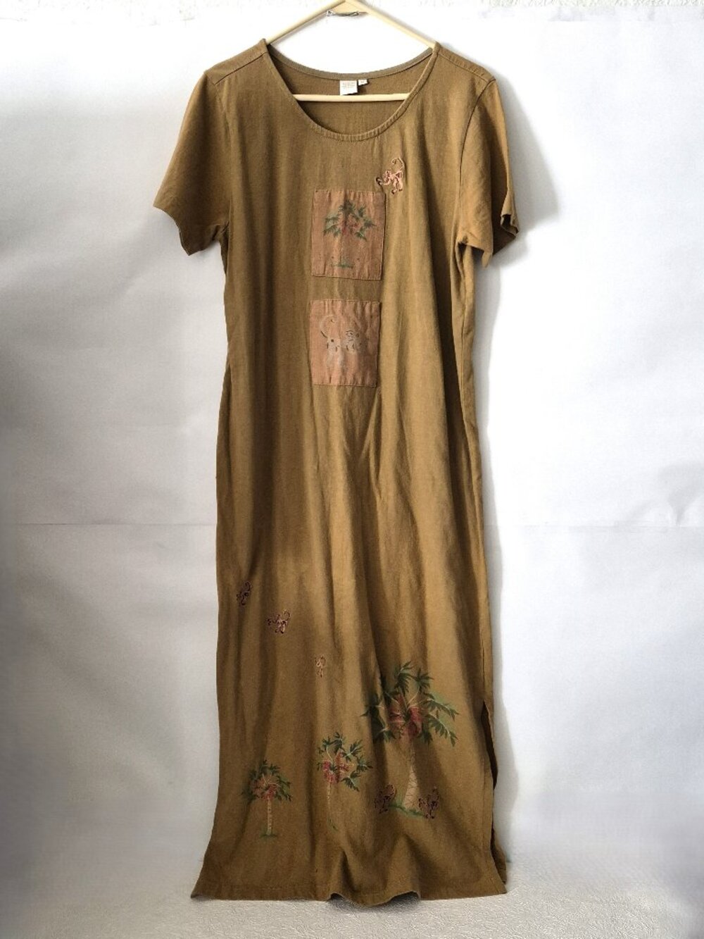 Safari Jungle Women M Short Sleeve Embroidered Cotton Maxi Dress Monkey Palm Tre